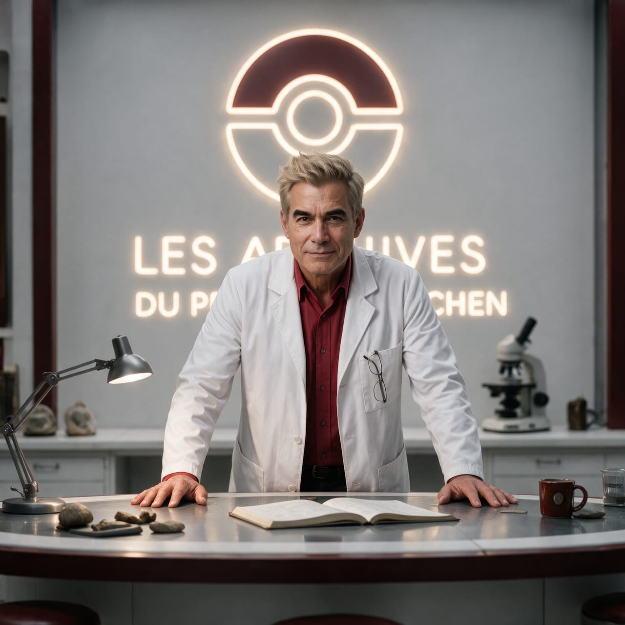 The narrator, facing the camera behind the oval lab bench, an open notebook in front of him and the neon sign on the back wall.